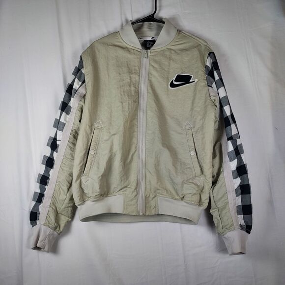 Nike Sportswear Bomber Jacket Small Beige Black White Checkered Sleeve BV4532-07 - Picture 1 of 12